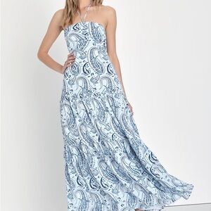 Elegant Blue Paisley Halter Maxi Dress
